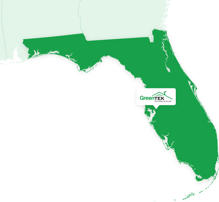 A green silhouette map of Florida with a GreenTEK Roofing & Solar logo positioned in the central part of the state.