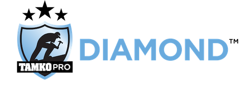 Logo with a blue shield featuring a silhouette of a person with a hammer, three black stars above, “TAMKO PRO” overlaying the shield, and “DIAMOND™” in large blue letters to the right.