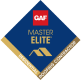 A blue and gold diamond-shaped badge with the GAF logo at the top, "MASTER ELITE" text in the center, a roof icon, and "ROOFING CONTRACTOR" written along the bottom edge.