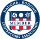 Circular blue and white logo for the National Roofing Contractors Association, featuring the word "MEMBER" in the center and various roofing-related icons above a checkered pattern.