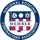 Logo of the National Roofing Contractors Association, featuring a blue circular border with the association’s name and a shield in the center labeled “MEMBER” with various roofing-related symbols.