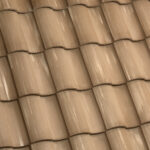 Close-up view of overlapping brown ceramic roof tiles arranged in a uniform pattern, showing subtle weathering and texture.