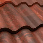 Close-up view of wavy, reddish-brown metal roofing panels with a textured, marbled finish. The surface shows curved, overlapping patterns typical of roof tiles.