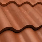 Close-up view of red, wavy, interlocking clay roof tiles arranged in horizontal rows.