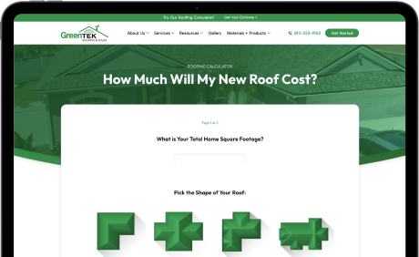 A roofing calculator webpage from GreenTek Roofing shows a form asking for total home square footage and to pick the shape of the roof, with green and white design elements on a tablet screen.