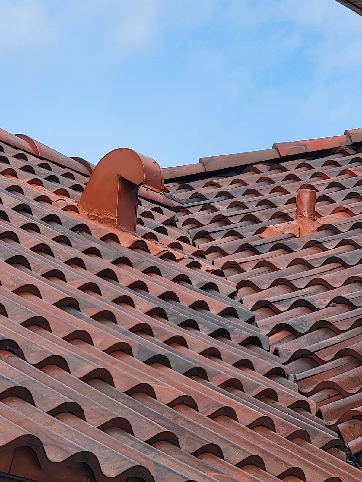 A red tiled roof with a vent cover shaped like a bird’s head and another small cylindrical vent, both against a blue sky with light clouds.