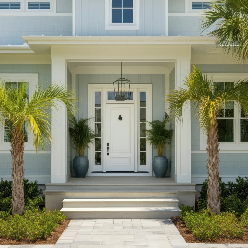 Front entrance of a light blue house with white trim, a white door, potted plants flanking the door, two palm trees, and a hanging lantern above the steps leading to the porch.
