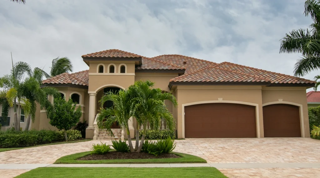A single-story, beige Mediterranean-style house with a red-tiled roof by roofing Seffner, arched entryway, double garage doors, palm trees, and a paved driveway under a partly cloudy sky.
