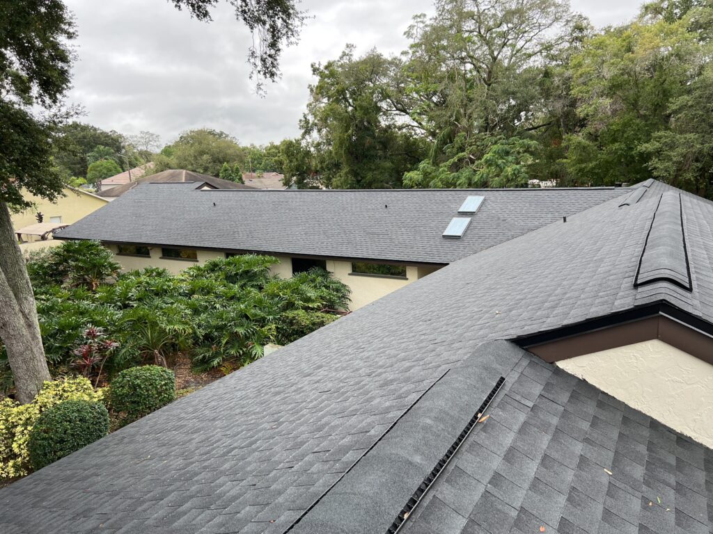 View of residential rooftops with dark gray asphalt shingles, surrounded by trees and landscaped bushes under a cloudy sky. Two skylights are visible on one roof.