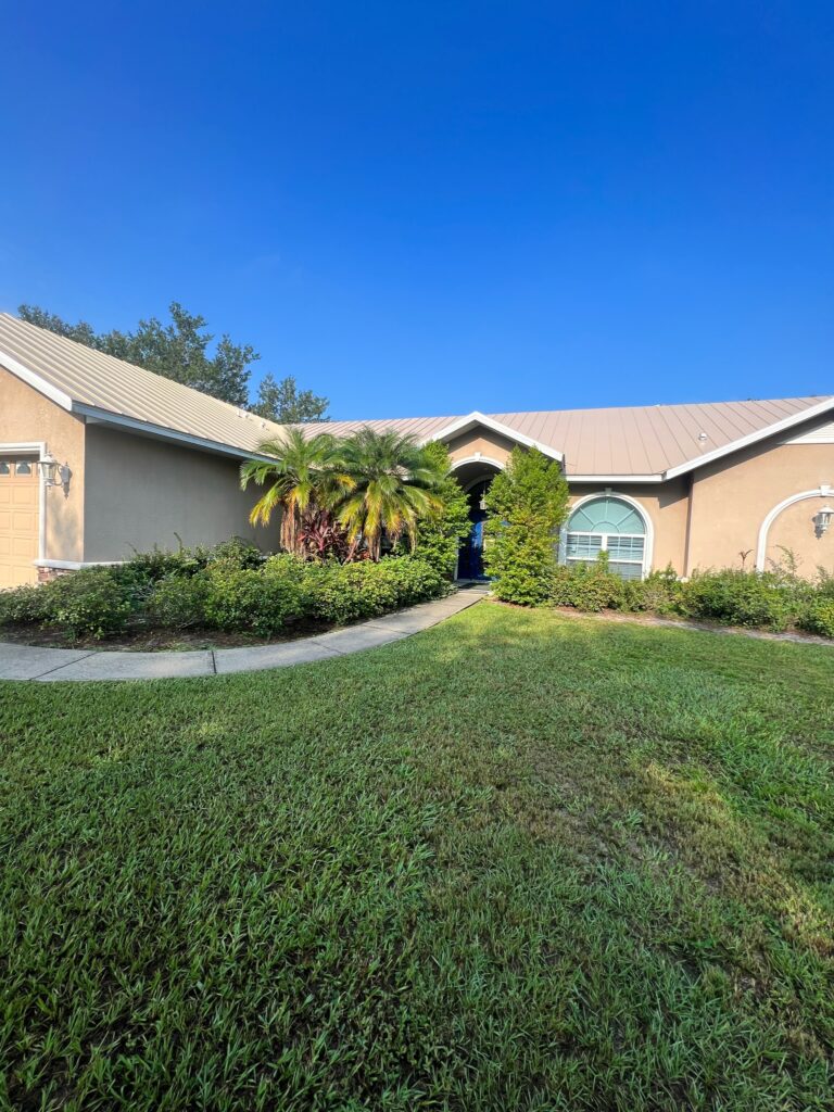 A single-story tan house with a metal roof, arched windows, and a curved walkway leading to the entrance, surrounded by green grass, shrubs, and a palm tree under a clear blue sky.