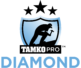 Logo featuring a blue shield with a silhouette of a person working on a roof, three black stars above, "TAMKO PRO" text below, and the word "DIAMOND" in blue at the bottom.