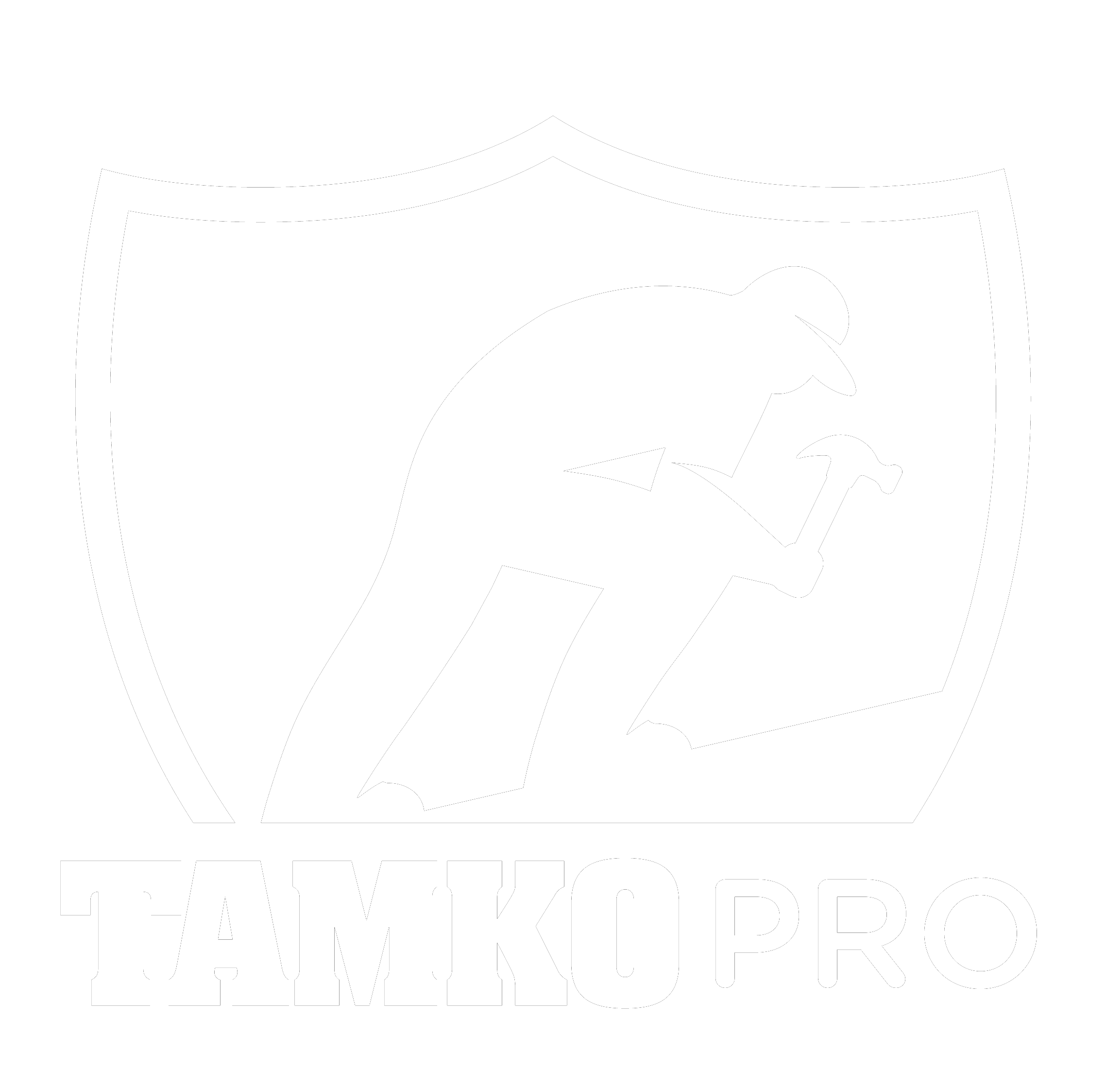White logo featuring a shield outline with a silhouette of a person using a hammer, symbolizing roofing Tampa expertise. Below the shield, the text reads "TAMKO PRO" in bold letters.
