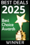 A green and black award graphic showing a gold star trophy. Text reads: "BEST DEALS 2025 Best Choice Awards WINNER.