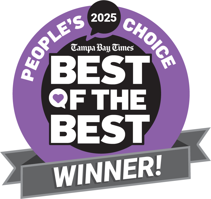 A purple and black badge that reads "Tampa Bay Times BEST OF THE BEST 2025 People's Choice WINNER!" with a gray ribbon at the bottom—perfect for showcasing top roofing Tampa achievements.