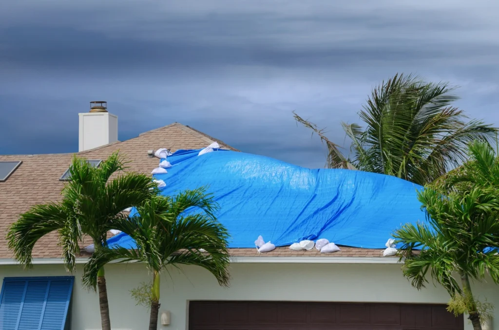 A blue tarp held down by sandbags covers part of a house roof, with palm trees in front and dark storm clouds overhead, hinting at recent storm damage and the need for roofing on Treasure Island.
